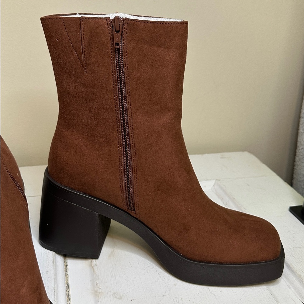 Sun + Stone Chestnut Faux Suede Block Heel Boots - Picture 3 of 4